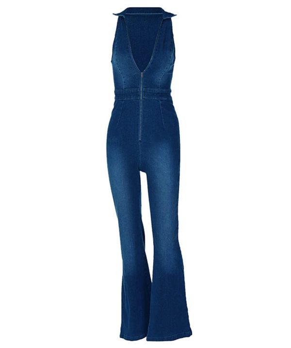 41emB6eXe1L.jpg Denim Jumpsuit for Women Sexy Slim Fit Zipper Sleeveless V-Neck High Waist Fashion Jean Pants Rompers