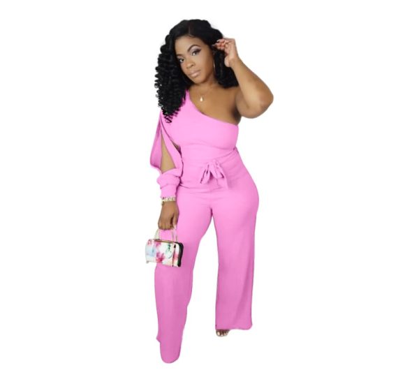 41hQFVl2WzL.jpg Women's Sexy One Shoulder Slit Sleeve High Waist One Piece Pant Outfit Wide Leg Jumpsuit Romper