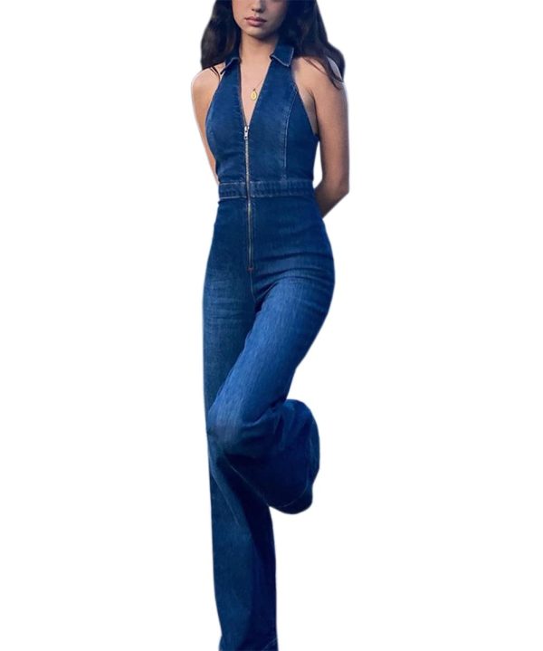 41zDi9aMWRL.jpg Denim Jumpsuit for Women Sexy Slim Fit Zipper Sleeveless V-Neck High Waist Fashion Jean Pants Rompers