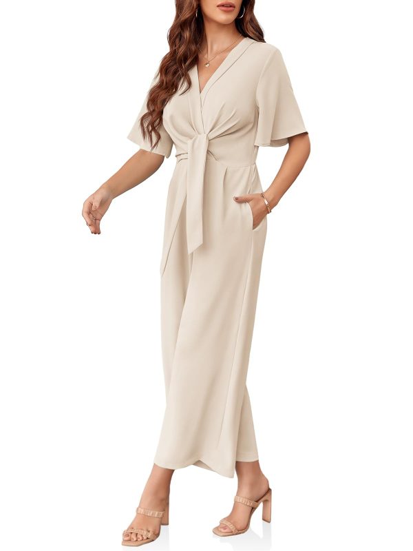 Womens Wide Leg Jumpsuits Short Sleeve Tie Knot Front Summer Long Romper