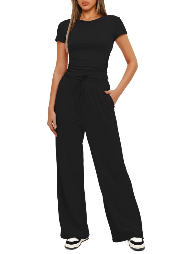 Women's 2 Piece Outfits Lounge Sets Ruched Short Sleeve Tops High Waisted Wide Leg Pants Tracksuit Sets