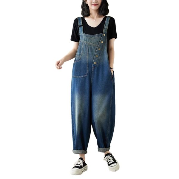 Women Irregular Denim Jumpsuits Sleeveless Loose Buttons Vintage Wide Leg Jumpsuits