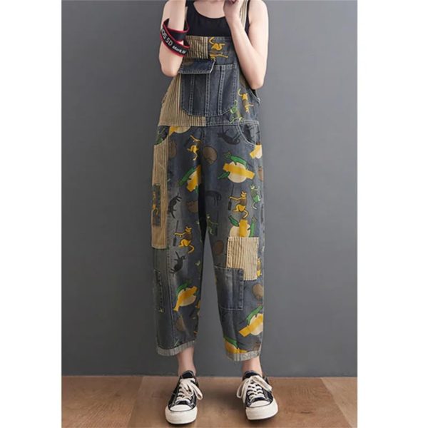 Women Cartoon Printed Denim Overalls Ankle-Length Vintage Denim Jumpsuits Pockets Rompers Jumpsuit