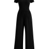 Women's Summer One Piece Jumpsuits Dressy Casual Short Sleeve Square Neck Wide Leg Jumpsuit Rompers