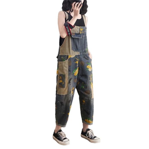 Women Cartoon Printed Denim Overalls Ankle-Length Vintage Denim Jumpsuits Pockets Rompers Jumpsuit