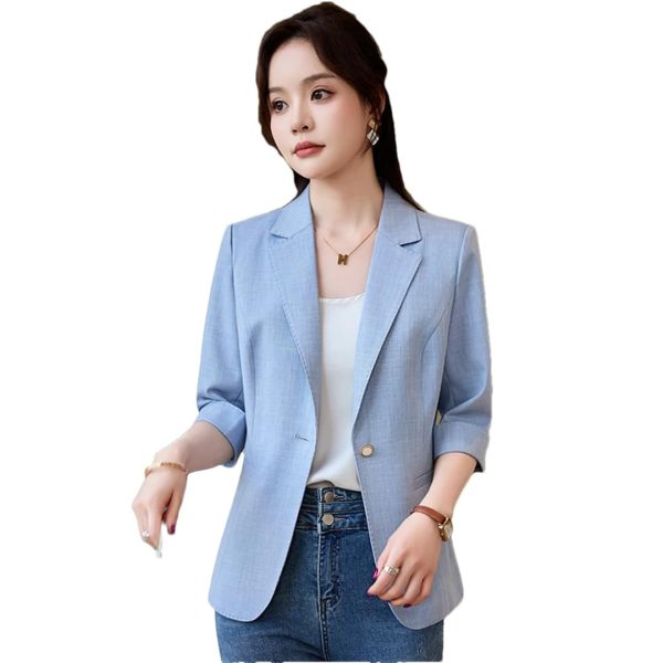 Women Spring Summer Elegant OL Thin Blazer Neck Half Sleeve Solid Suits Coats Office Work Jacket Tops