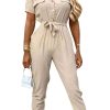 Womens Casual Short Sleeve Jumpsuit Summer Lapel Collar Romper Overalls with Belt Plus Size