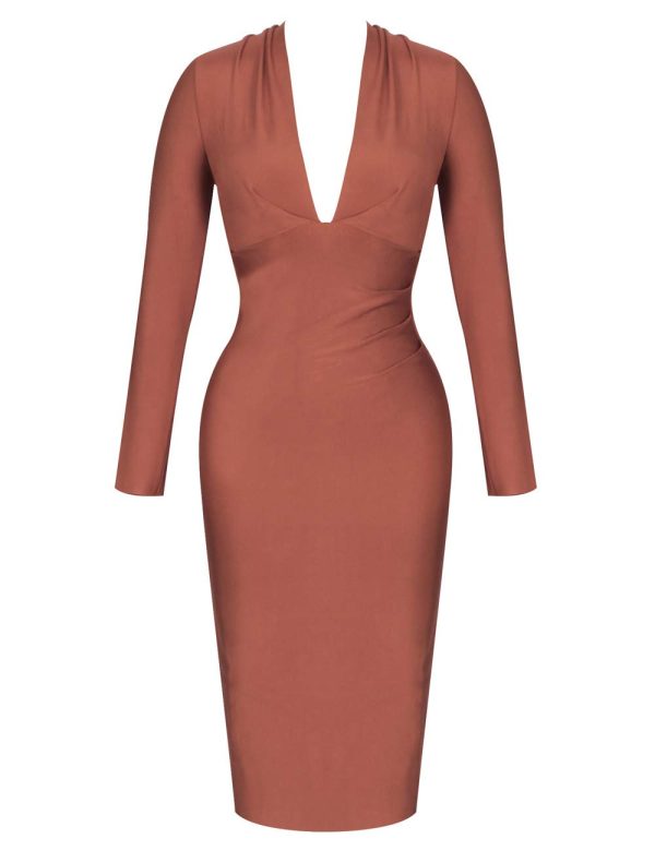 Women's Deep Plunge V Neck Long Sleeves Draped Knee Length Bodycon Bandage Dress