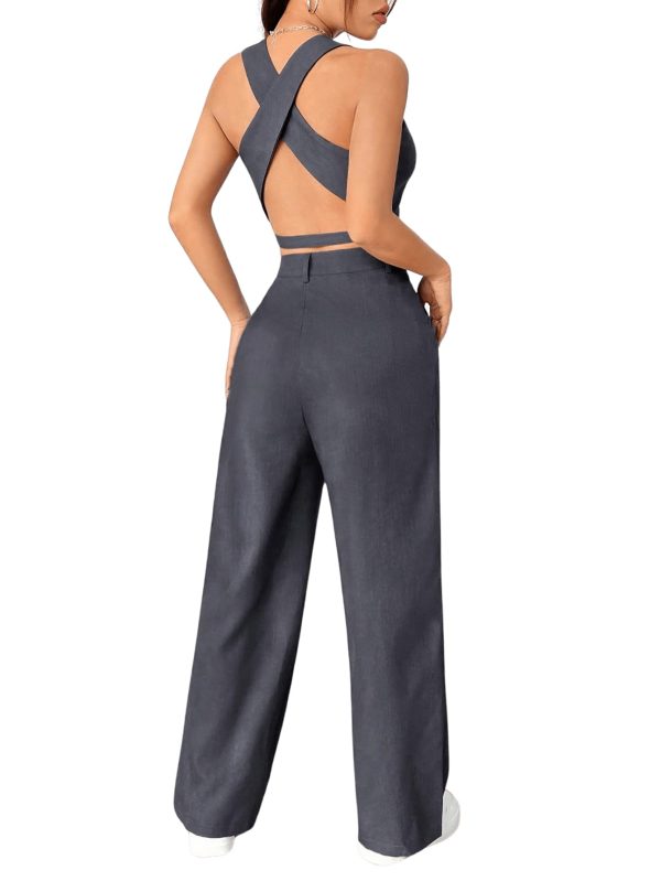 Women's 2 Piece Solid Sleeveless V Neck Cross Back Button Down Blazer and Pants Business Office Suit Set