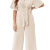 Womens Wide Leg Jumpsuits Short Sleeve Tie Knot Front Summer Long Romper