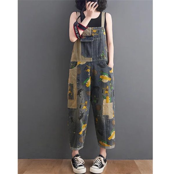 Women Cartoon Printed Denim Overalls Ankle-Length Vintage Denim Jumpsuits Pockets Rompers Jumpsuit