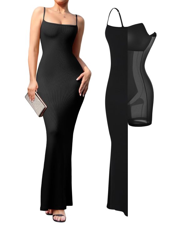 Summer Maxi Dress for Women - Cocktail Shapewear Dresses Built-in Bra Adjustable Straps Vacation Long Slip