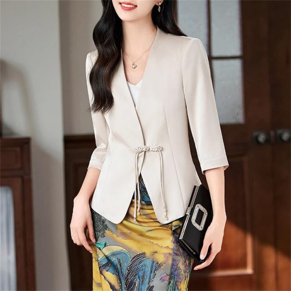 Women Satin Silk Suit Coat Half Sleeve Solid Single Button Blazer Elegant Office Outerweara Jacket