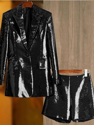 Sequin Blazer and Short Set for Women 2 PC Slim Fit Notch Lapel Prom Party Suit Women's Glitter Suit