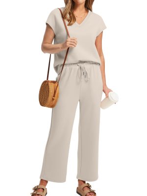 Two Piece Sets for Women Summer Outfits Lounge Sets V Neck Tops Wide Leg Pants Woman Vacation Travel Outfits