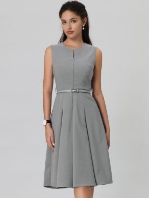 Women's Sleeveless Dress Zip Up Belted Fit & Flare Work Dresses