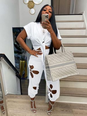 Women 2 Piece Outfits Set Casual Crop Top Shirt Hollowed Out Sweatpants Women Fashion Tracksuit