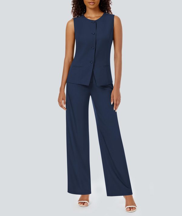 Women's 2 Piece Blazer Outfits Sleeveless Crewneck Vest Wide Leg Pantsuit 2025 Dressy Casual Work Sets