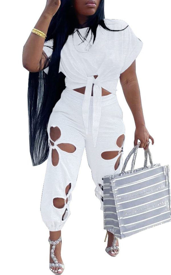 61OUhZwSnvL.jpg Women 2 Piece Outfits Set Casual Crop Top Shirt Hollowed Out Sweatpants Women Fashion Tracksuit