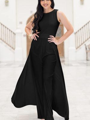 Sleeveless Flattering Dressy Long Pant Cape Classy Elegant Jumpsuit