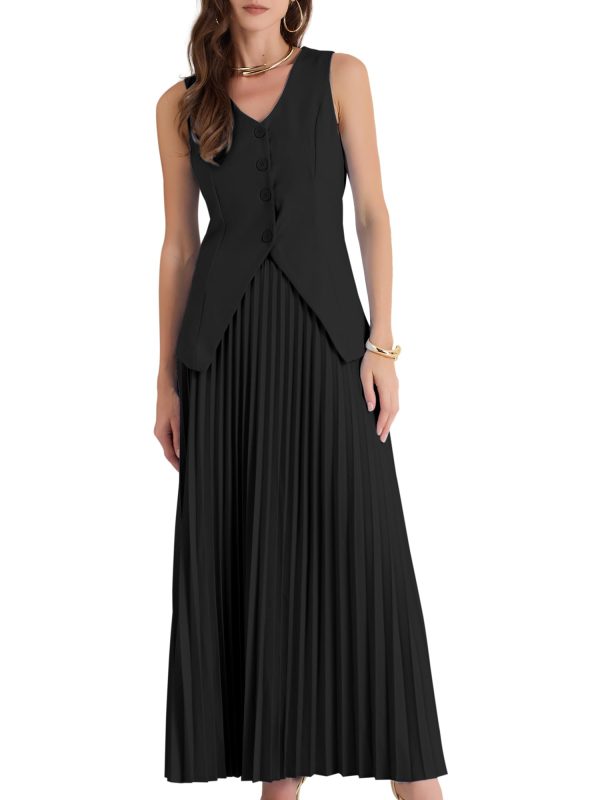 Women's 2 Piece Summer Outfits V Neck Sleeveless Button Vest Maxi Pleated Skirts Set