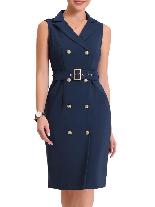 Women's Blazer Dresses Summer Sleeveless Notched Lapel Double Breasted Belted Work Office Dress