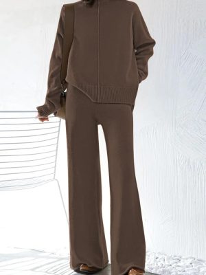 Women's 2 Piece Outfits Sweater Set Wide Leg Pants High Neck Sweatsuit Loungewear