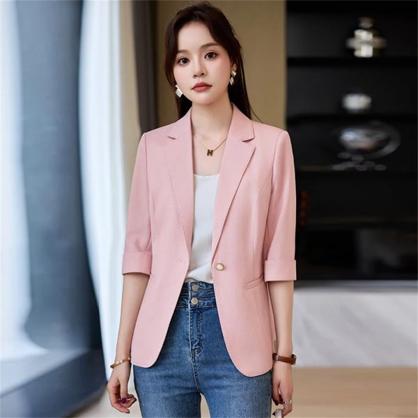 Women Spring Summer Elegant OL Thin Blazer Neck Half Sleeve Solid Suits Coats Office Work Jacket Tops