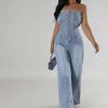 Womens Denim Jumpsuits Button Sleeveless Tube Top Wide Leg Jeans Summer Going Out Jumpsuits