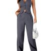 Women's 2 Piece Solid Sleeveless V Neck Cross Back Button Down Blazer and Pants Business Office Suit Set