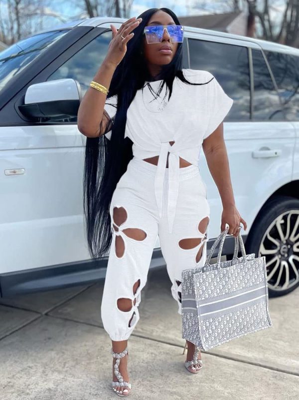 61nxwtefQQL.jpg Women 2 Piece Outfits Set Casual Crop Top Shirt Hollowed Out Sweatpants Women Fashion Tracksuit