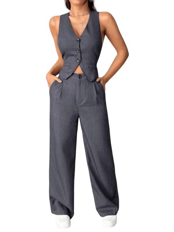 Women's 2 Piece Solid Sleeveless V Neck Cross Back Button Down Blazer and Pants Business Office Suit Set