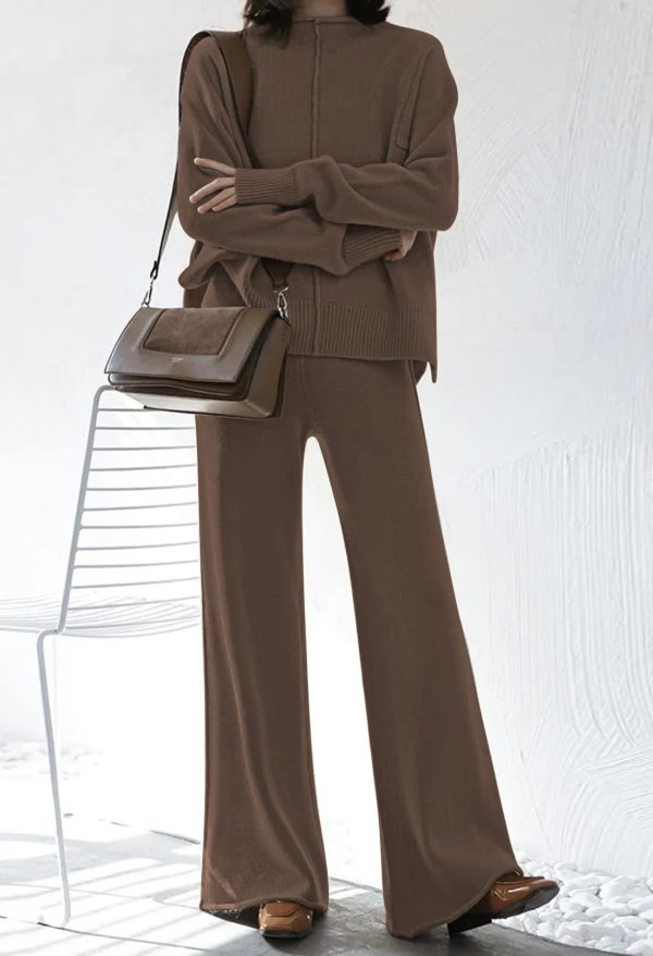 Women's 2 Piece Outfits Sweater Set Wide Leg Pants High Neck Sweatsuit Loungewear
