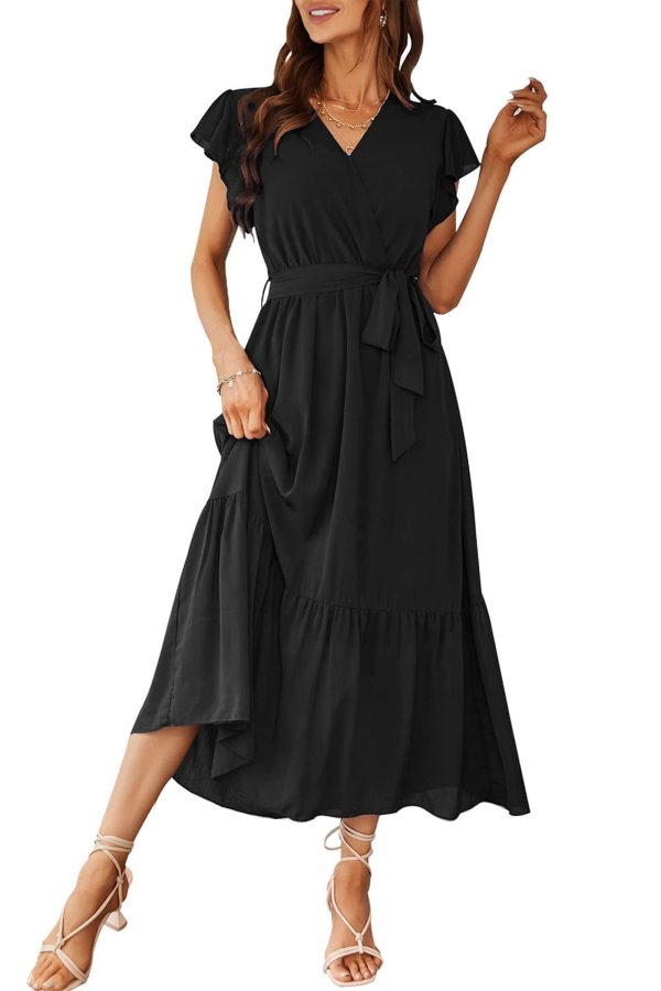 Women's Summer Floral Boho Maxi Dress Wrap Short Sleeve V Neck Ruffle A-Line Flowy Wedding Guest Long Dresses