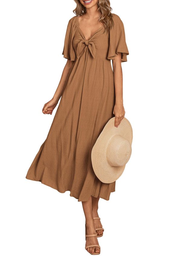 2025 Summer Dress for Women Casual Short Sleeve Bow Tie V Neck Ruffle Midi Flowy Dresses