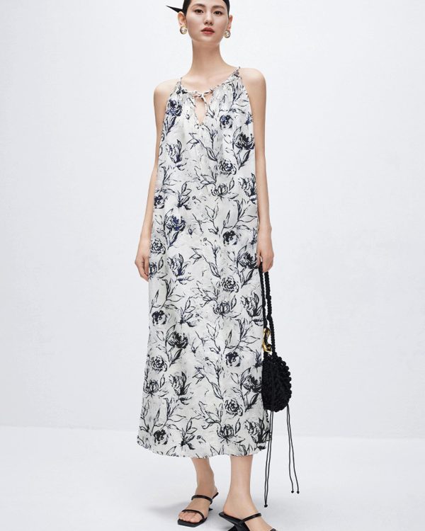 Women‘s Boho Tribal Halter Dress Cotton Linen Printed Sleeveless Hanging Neck Drawstring Long Beach Dress with Pockets