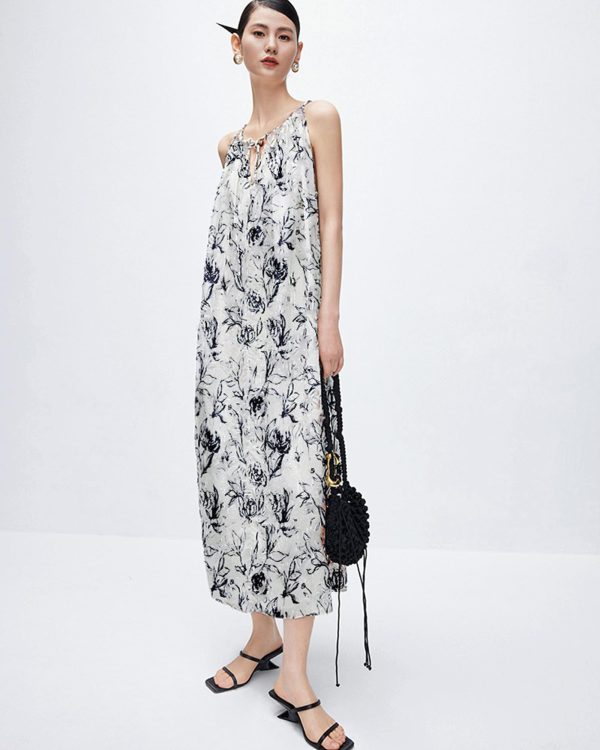 Women‘s Boho Tribal Halter Dress Cotton Linen Printed Sleeveless Hanging Neck Drawstring Long Beach Dress with Pockets