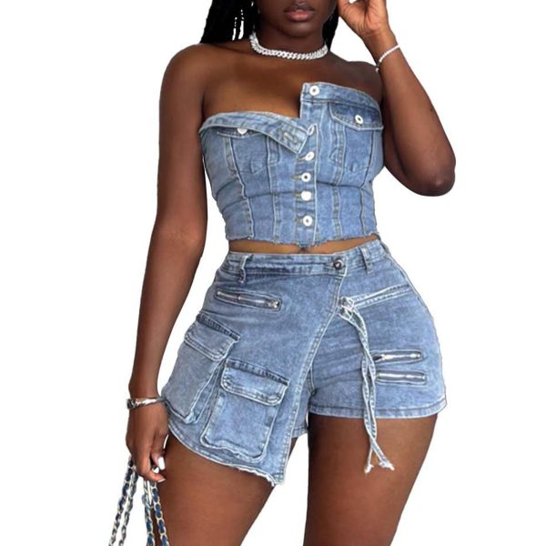 Women's Denim 2 Piece Outfits Button Tube Top and Cargo Shorts with Pockets Summer Sexy Jeans Shorts Set Tracksuits