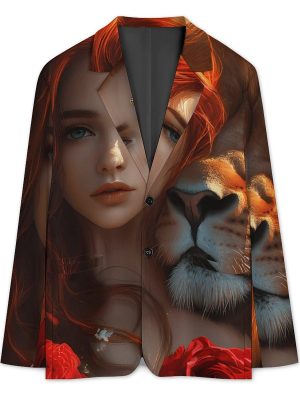Red Hair Woman Lion Rose Funny Suits Blazer for Men Business Jacket 2 Button Sport Coat Wedding Office