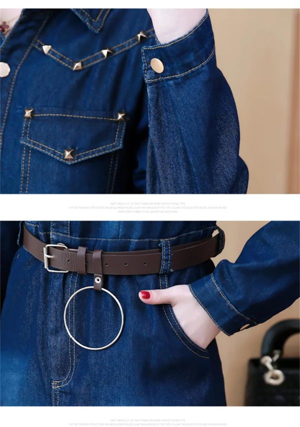 Women Jeans Dress Long Sleeve Single Breasted Shirt Dress Office Denim Dress