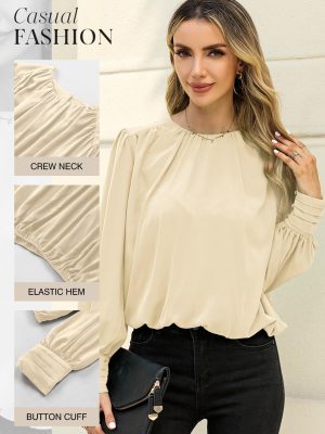 Women's Tops Blouses for Women Casual Long Sleeve Shirts Crew Neck Bohemian Solid Color Spring Work Business