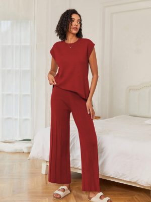Lounge Sets for Women Two Piece Outfits Knit Cap Sleeve Tops Wide Leg Pleated Pants Casual Dressy Sweater Sets