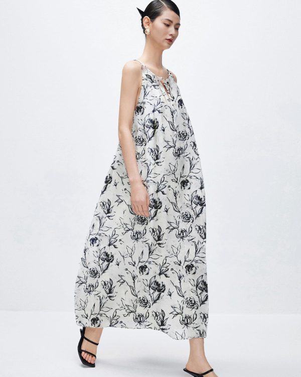Women‘s Boho Tribal Halter Dress Cotton Linen Printed Sleeveless Hanging Neck Drawstring Long Beach Dress with Pockets