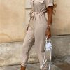 Womens Casual Short Sleeve Jumpsuit Summer Lapel Collar Romper Overalls with Belt Plus Size