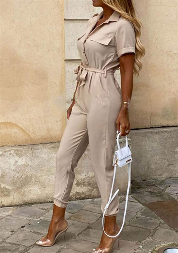 Womens Casual Short Sleeve Jumpsuit Summer Lapel Collar Romper Overalls with Belt Plus Size