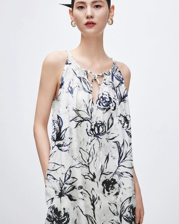 Women‘s Boho Tribal Halter Dress Cotton Linen Printed Sleeveless Hanging Neck Drawstring Long Beach Dress with Pockets