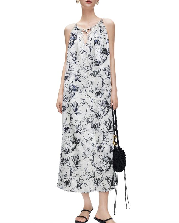 Women‘s Boho Tribal Halter Dress Cotton Linen Printed Sleeveless Hanging Neck Drawstring Long Beach Dress with Pockets