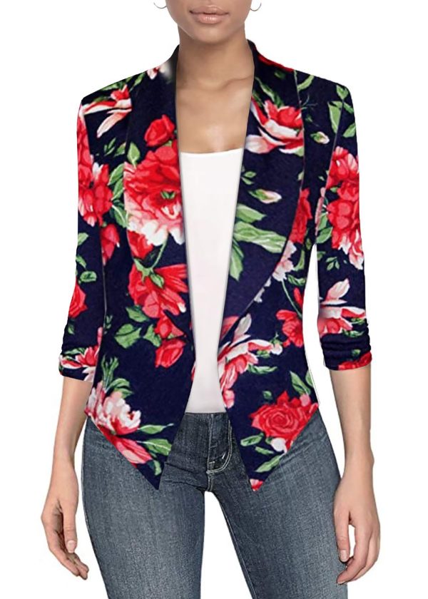 Women's Casual Work Office Blazer Jacket Open Front Shawl with 3/4 Scrunch Sleeves