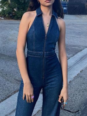 Denim Jumpsuit for Women Sexy Slim Fit Zipper Sleeveless V-Neck High Waist Fashion Jean Pants Rompers