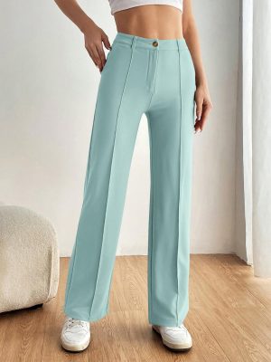 Straight Leg Pants Stretchy Button Business Casual Work Trousers Knit Elastic Waist Slacks